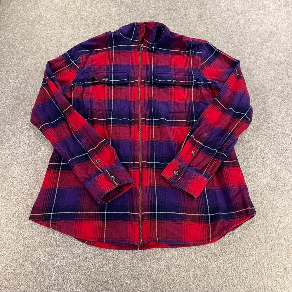 Chaps Flannel Shirt Womens‎ Large Red Purple Zip Front Plaid Cotton